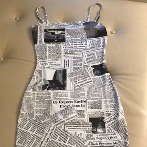 Shein xs black and white newspaper print body con dress with spaghetti straps